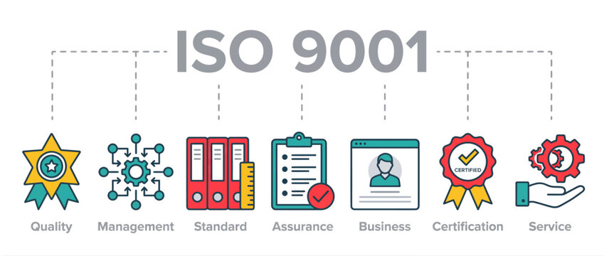 ISO 9001 quality management system infographic. Business standard certification vector icon set.