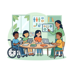 Diverse children in classroom setting learning.