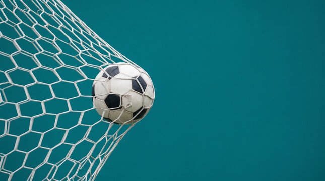 Soccer Ball Hitting the Back of Net Goal Concept with Copy Space