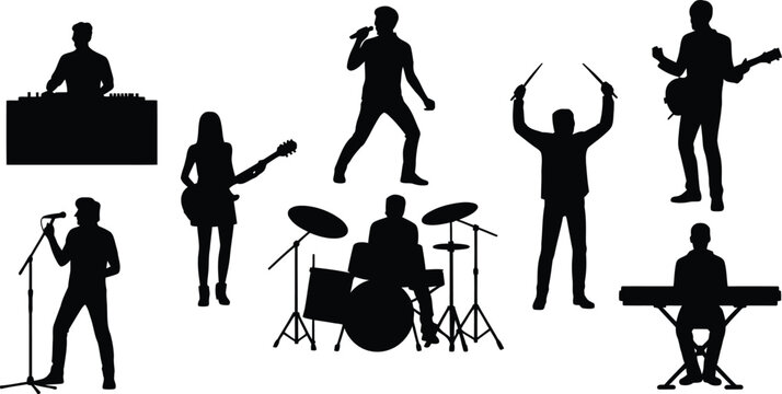 Music band silhouette collection vector illustration featuring DJ, singers and instrumental performers, isolated black concert entertainment figures on white background