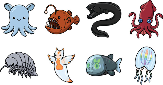 Cute Deep Sea Marine Animal Cartoon Character Collection Vector Illustration for Kids and Education