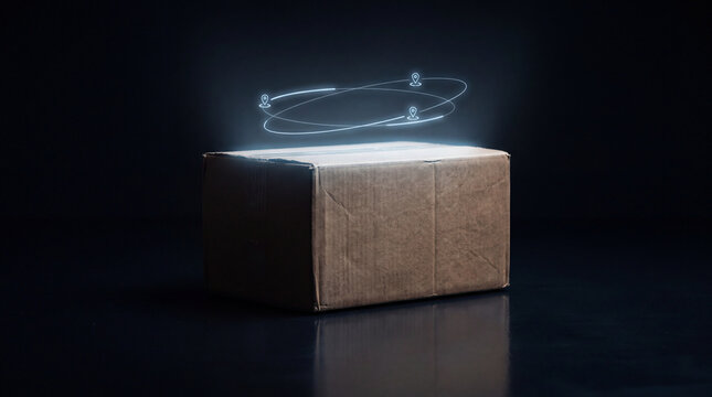 Cardboard box with a glowing tracking route icon hovering above it