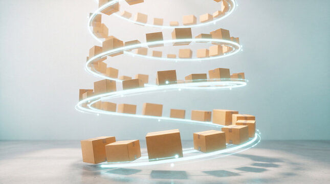 Cardboard boxes arranged in a glowing spiral above a warehouse floor