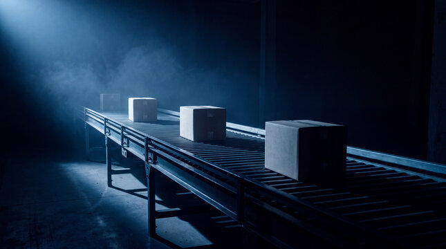 Empty roller conveyor with a few boxes inside a dim industrial warehouse