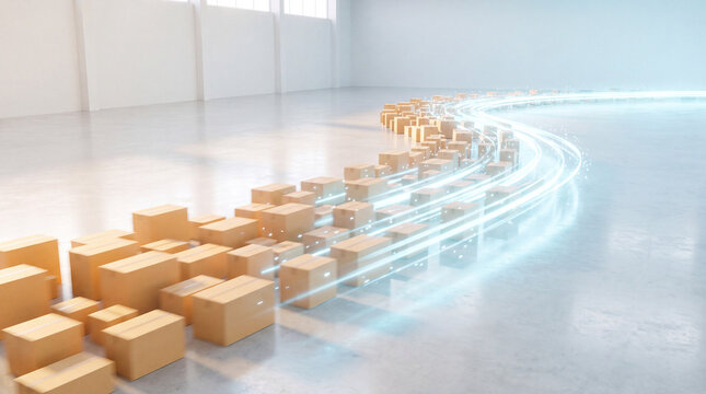 Rows of cardboard boxes streaked with a glowing motion light trail