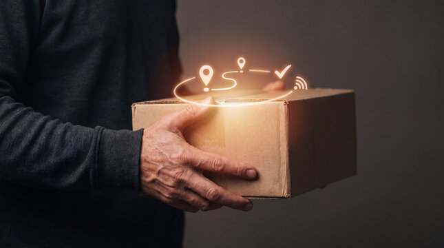 Hand holding a cardboard box with glowing delivery tracking icons above it