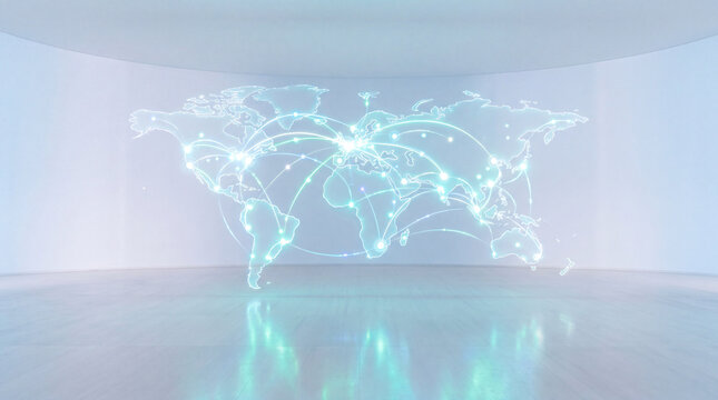 Glowing world map projected on a curved wall inside an empty room