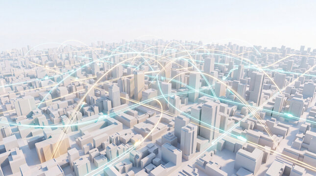 Aerial daylight view of a white city model with glowing flight route arcs