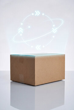 Cardboard box with a glowing circular orbit of arrow icons above it