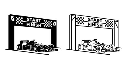 Obraz premium Formula race car approaching start finish line black and white illustration