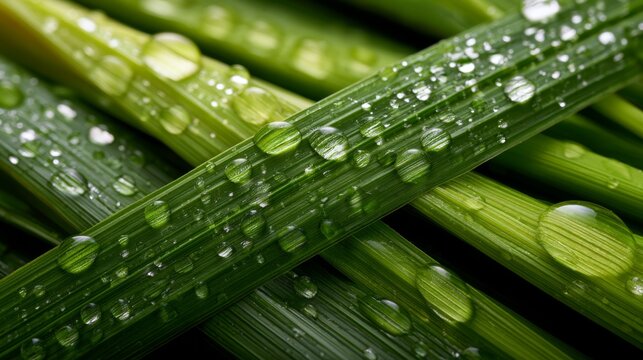Close-Up of Fresh Green Grass Blades with Water Drops, Nature Background, Textures and Patterns, Natural Beauty, Lush Environment, Refreshing Scene