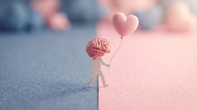 Minimalistic artistic figurine with brain head holding heart balloon walking between blue and pink textured surface representing contrast between logic and emotional state.
