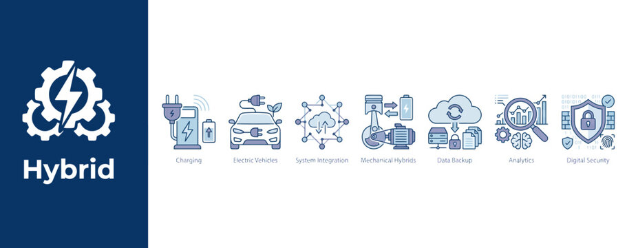 Hybrid electric vehicle technology icons, 7 blue line vector elements, automotive energy symbols