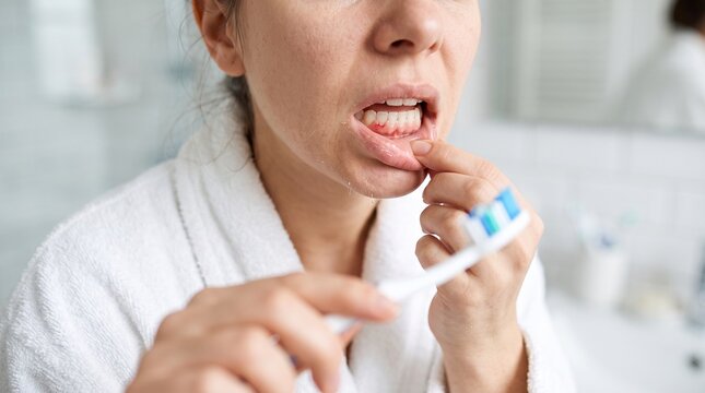 Close Up of Woman Showing Stomatitis Ulcer on Lip Oral Health Problems Concept