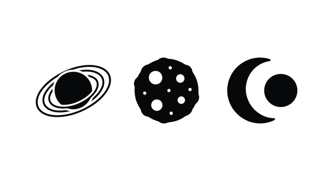 Planet asteroid and moon silhouettes against a white background a celestial vector illustration silhouette saturn crescent space cosmos