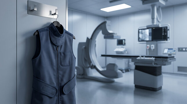 Medical imaging suite with c arm fluoroscopy machine and protective vest on door hook hospital diagnostic room equipment science technology.