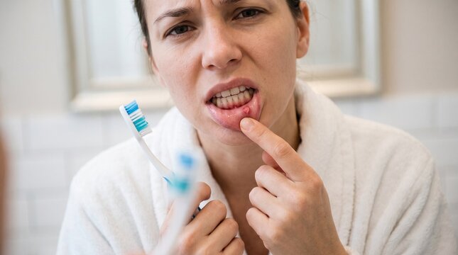 Close Up of Woman Showing Stomatitis Ulcer on Lip Oral Health Problems Concept