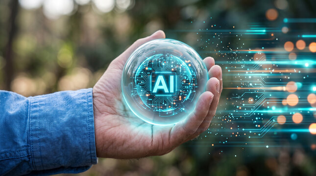 Human hand holding glowing AI sphere with blue digital light trails symbolizing artificial intelligence innovation technology progress and futuristic data communication  generative ai