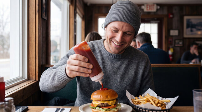 A smiling man wearing a beanie adds ketchup from a bottle to a delicious cheeseburger at a table in a cozy diner.