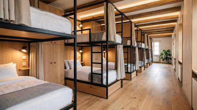Spacious interior of a modern hostel dormitory with rows of wooden bunk beds dorm room dormitory accommodation interior backpacking traveler furniture comfortable
