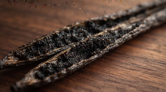Split vanilla bean with visible seeds