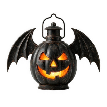 Vintage style metal pumpkin lantern with bat wings, illuminated and isolated on transparent background
