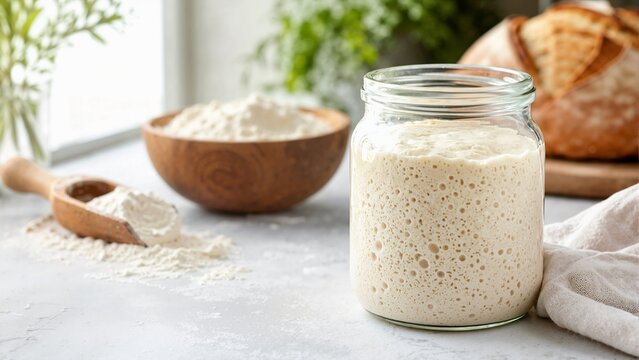 Sourdough starter bubbling in a glass jar. Active yeast culture for baking bread with flour and a fresh loaf in the background. Home baking hobby and fermentation concept