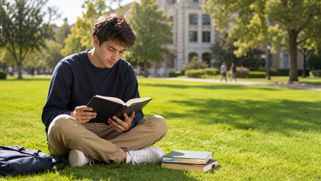 Young male student reading a textbook on a campus lawn. College student sitting on green grass studying outdoors. Education, learning, and academic lifestyle concept