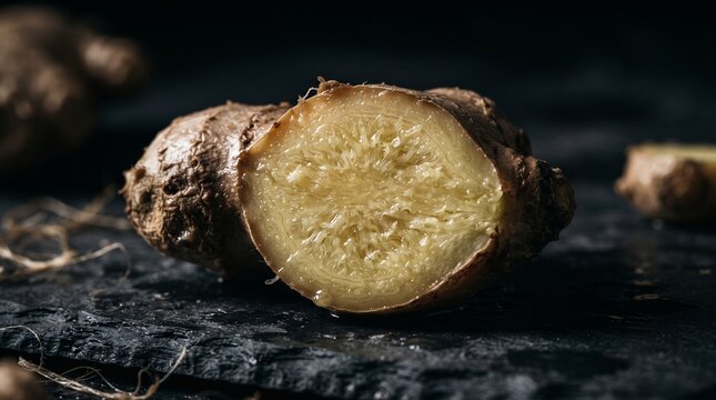 Fresh cut ginger root on a dark slate background