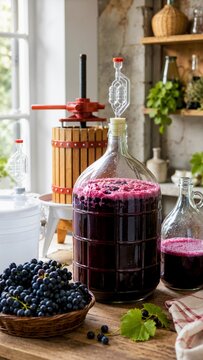 Home winemaking equipment with fermenting grape juice. Glass carboy with airlock and fresh grapes in a basket. Hobby winemaking and fermentation concept