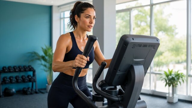 Woman exercising on an elliptical machine in a gym. Female athlete doing a cardio workout on a cross trainer. Fitness, endurance and healthy lifestyle concept