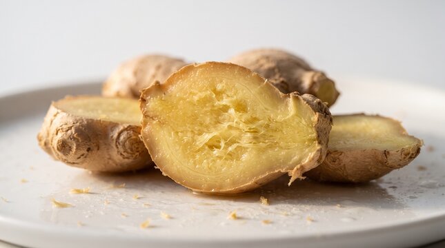 Fresh sliced ginger root on a white plate
