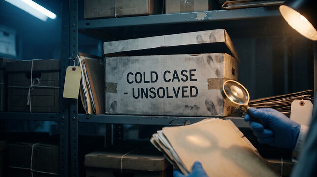 Investigator searching for clues in cold case unsolved archive room with magnifying glass detective work detective investigation unsolved document evidence