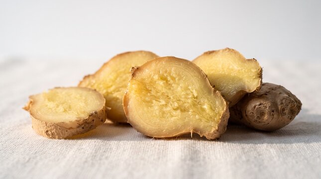 Fresh ginger root slices on a textured fabric surface