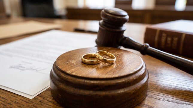 Golden Wedding Rings and Judge Gavel with Divorce Decree Document on Wooden Desk