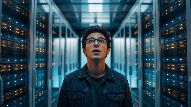 A young man with glasses looks up in awe amidst rows of glowing server racks in a data center.
