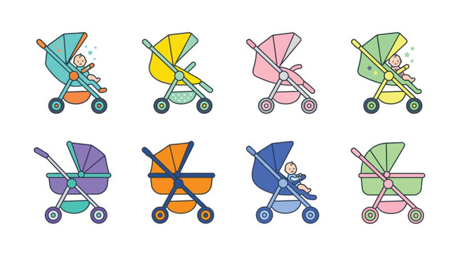 Collection Of Baby Strollers Colorful Line Art Silhouette
