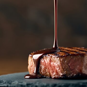 Close up of a succulent steak with a shiny sauce oozing down showcasing detailed grill marks