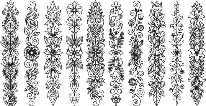 Black line floral border set mehndi henna ornament tattoo bookmark element collection vector illustration