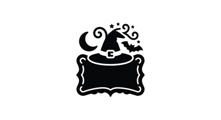 Witch s cauldron with crescent moon and bats black silhouette on a white background silhouette halloween spooky magic © Aklima