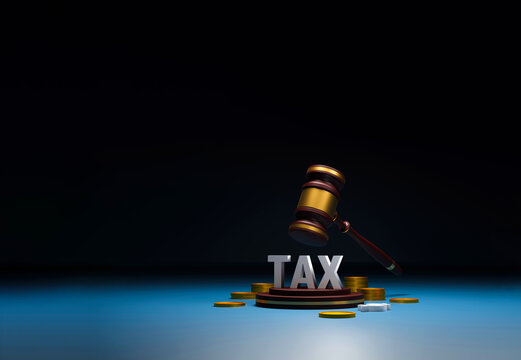Tax Law and Taxation Concept with Judge's Gavel, Coins and TAX Text in 3D Render