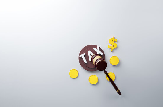 Tax Law and Financial Regulation Concept with Judge's Gavel, Dollar Symbol and Coins, 3D Render
