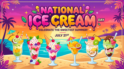 Fototapeta premium National Ice Cream Day July 21 poster with colorful tropical beach background and seven delicious sundaes symbolizing summer celebration sweetness and joyful indulgence generative ai