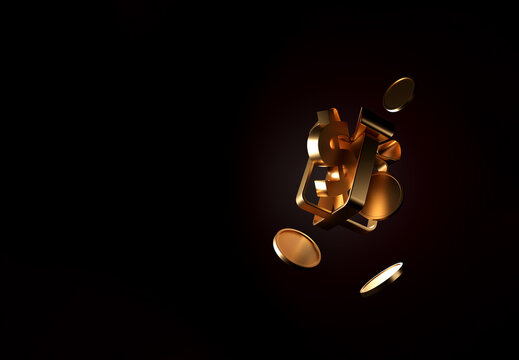 Golden Dollar Symbol with Percent Sign and Floating Coins on Dark Background Financial Growth Concept