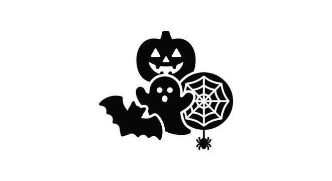 Halloween themed pumpkin ghost bat and spiderweb silhouette against a white background silhouette arachnid octopod festive holiday seasonal