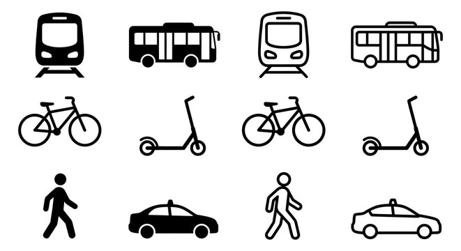 Transportation Icons Set Black Line Art On White Background