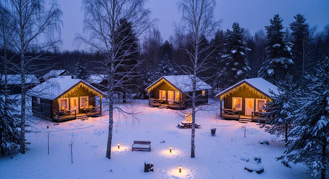 Aerial view of cozy illuminated wooden cottages in a snow-covered forest during blue hour for winter vacation