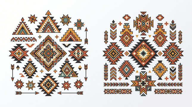 Traditional geometric tribal patterns with symmetrical diamond triangle and arrow motifs in earthy orange brown turquoise and beige tones symbolizing cultural textile art  generative ai
