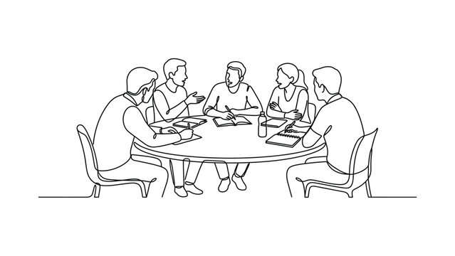 Line art illustration of a business team having a meeting around a round table.