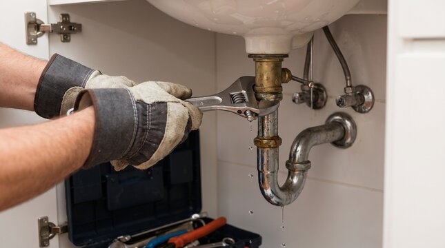 Close Up of Plumber Hands Fixing Pipe Under Sink with Wrench Tool